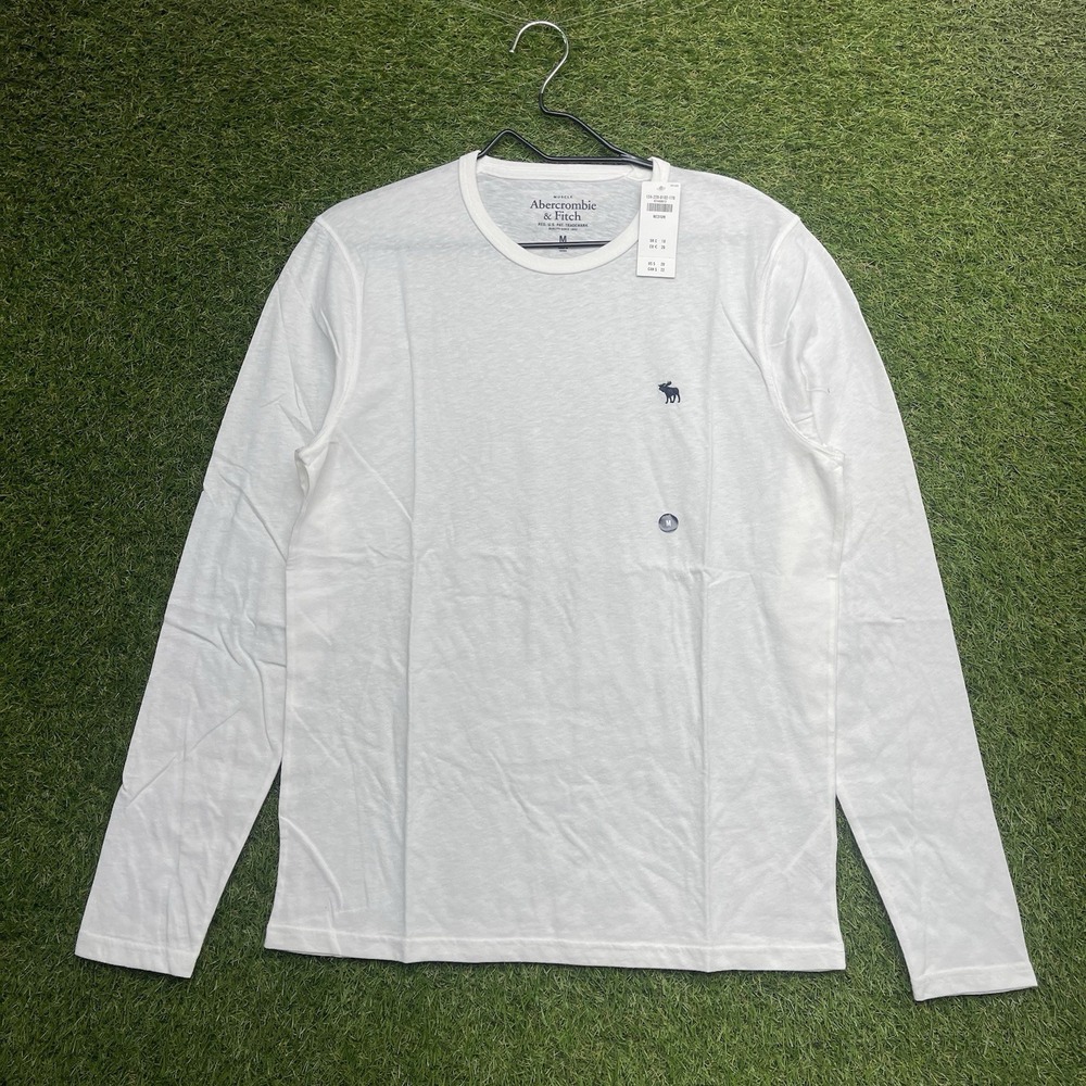 Abercrombie & Fitch Shirt Mens Medium Crew Neck Cotton White Moose Long Sleeve